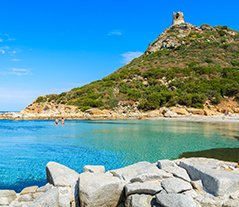 Azure sea water of Porto Giunco bay, Sardinia island